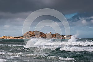 Rough seas after Storm Hortense at Ile Rousse in Corsica
