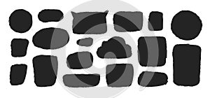 Rough shapes. Hand drawn brush stroke grunge round and square spots. Rectangular stamp templates. Abstract blank banner