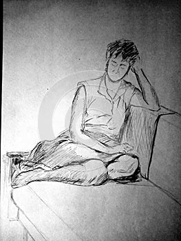 A rough sketch of a female figure in clothes. The girl is sitting on the couch with her legs crossed. Pencil drawing.