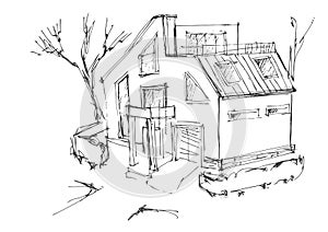 A rough sketch of a modern home. Sketch of the cottage in the country.