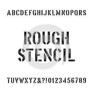Rough stencil alphabet font. Scratched type letters and numbers.