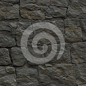 Rough stone wall composed of irregular, dark gray stones arranged in a rectangular