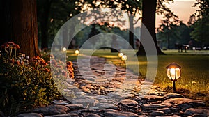 rough stone way illuminated by garden lights surrounded green grass.