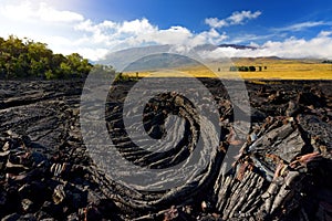 Rough surface of frozen lava after Mauna Loa volcano eruption on Big Island, Hawaii