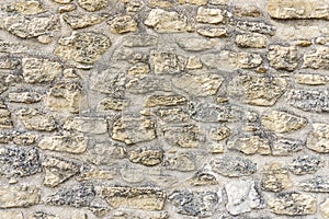 Rough surface of random pattern rastic of brown and light yellow color natural free form sand stone cladding on the concrete wall