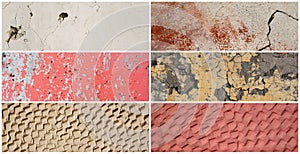 Rough surfaces of the plastered and colored concrete walls with patterns of cracks and old faded peeling paint