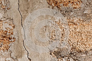 Rough texture of a brick wall made of shells. There is a crack in the middle of the wall