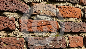 Textured brick wall made of red and brown bricks arranged in a horizontal
