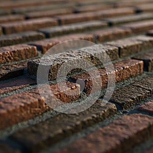 Rough-textured bricks arranged in a horizontal pattern, likely part of a pavement or photo