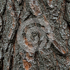 Rough tree bark with deep grooves and rugged texture, showing dark brown and gray