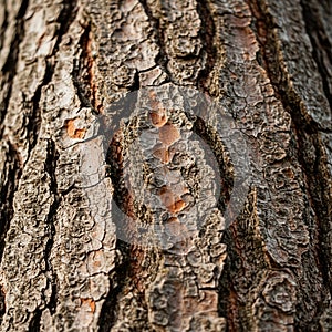 Rough tree bark with deep grooves and rugged texture. The surface is composed of da