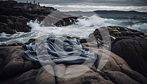 Rough waves crash against rocky coastline, peaceful sunset generated by AI