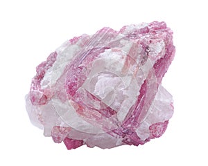 Rough white quartz studded with pink tourmaline crystals, from Brazil isolated on white