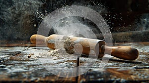 Rough wooden cutting board with rolling pin and scattered white flour. Culinary baking concept