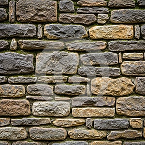 Roughly textured stone wall composed of irregularly shaped, rectangular stones. The
