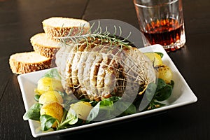 Roulade of beef, with roasted potatoes and fresh vegetables