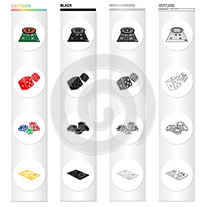 Roulette in the casino, dice, chips, gold credit card. Casino set collection icons in cartoon black monochrome outline