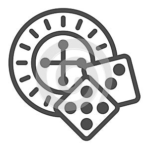 Roulette and dice line icon, Sea cruise concept, casino sign on white background, Roulette with cubes icon in outline