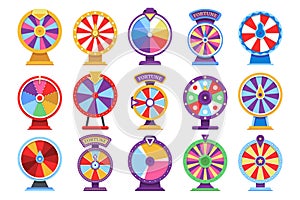 Roulette fortune spinning wheels flat icons casino money games - bankrupt or lucky vector elements