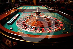 Roulette table in casino. Casino roulette table in casino, Casino roulette wheel in motion on a colorful background, AI Generated