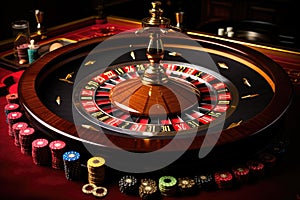 Roulette table in casino, close-up. 3d rendering, Casino roulette wheel in motion on a colorful background, AI Generated