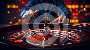 Roulette table and croupier& x27;s hand