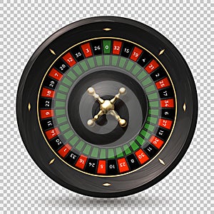 Roulette wheel. 3D realistic casino spin. Gambling equipment, spin circle with red and black cells determines winner on