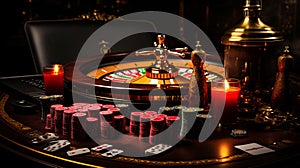 Roulette Wheel, Casino Chips And Coins, Modern Black And Golden Isolated On The Black Background. Casino Gambling