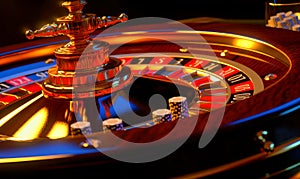 Roulette wheel with few piles of chips on. Casino equipment for gaming and gambling. Close up. Generative AI