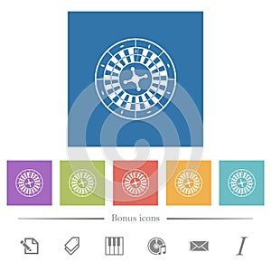 Roulette wheel flat white icons in square backgrounds