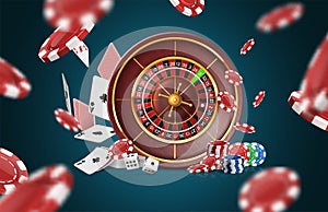 Roulette wheel with flying cards, poker chips and dice. Poker banner. Casino concept.