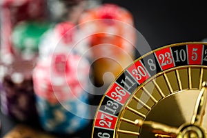 Roulette wheel gambling in a casino table.