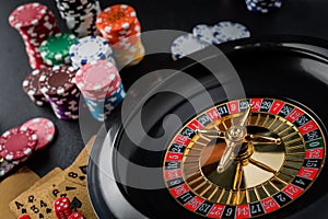 Roulette wheel gambling in a casino table.