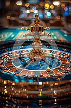 Roulette wheel in motion and ball on the table