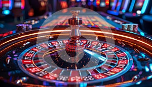 Roulette wheel in motion and bright and colorful background