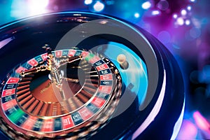 Roulette wheel in motion with a bright and colorful background