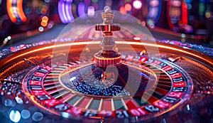 Roulette wheel in motion and bright and colorful casino lights in the background