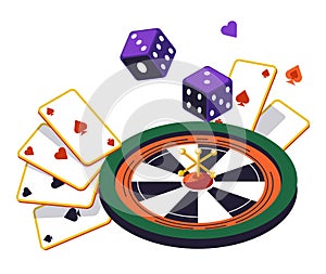 Roulette wheel and play cards, dices, online casino club