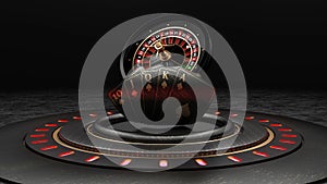 Roulette Wheel And Poker Cards With Royal Flash On Luxury Black Stage - 3D Illustration