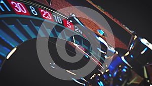 Roulette wheel winning number 0 close up at the Casino