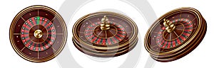 Roulette wheels. Casino entertainment 3d spin wheel, gambling equipment and fortune game vector Illustration set