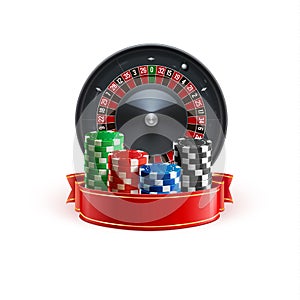 Roulette on white realistic casino object with red ribbon and chips