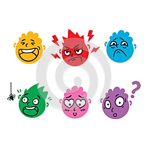 Round abstract face with different emotions. Happy, angry, questioning, scared, sorrow, falling in love emoji avatar. Cartoon