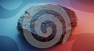 A round, abstract object resembling a microchip or a circuit board features intricate