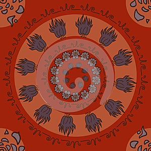 Round abstraction with flowers on red background