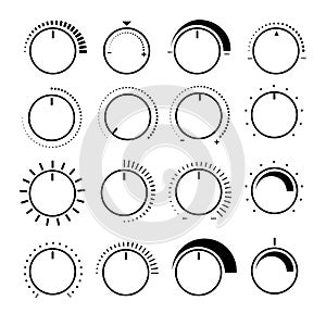 Round adjustment dial. Regulator knob, volume level and analog Min Max dials. lack and white backgrounds vector set