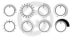 Round adjustment dial. Regulator knob, volume level and analog Min Max dials .lack and white backgrounds vector set