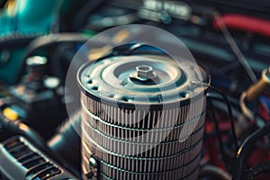 Round air filter being inserted in car engine compartment