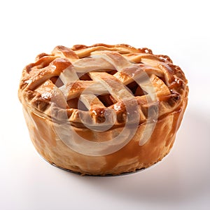 Round apple pie on a white background.