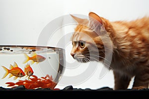 In a round aquarium, a cute red cat frolics with a golden decorative fish